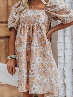 Storia Shimmering Floral Mini Babydoll Dress Whinsical Cottagecore Peach Tan S